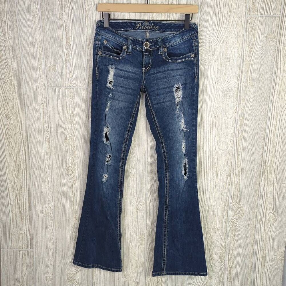 Premiere Womens Curvy 3/4 Distressed Denim Jeans Low Rise Boot Cut Zip Fly